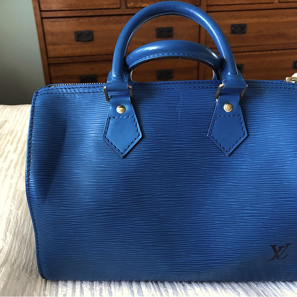 LOUIS VUITTON LV Logo Speedy 25 Travel Hand Bag Epi Leather Blue VI 0992 - Picture 3 of 14